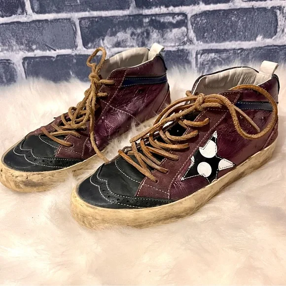 Auth. EUC Golden Goose, super rare, Mid/Star Bordeau trainers in Ametista Lame’